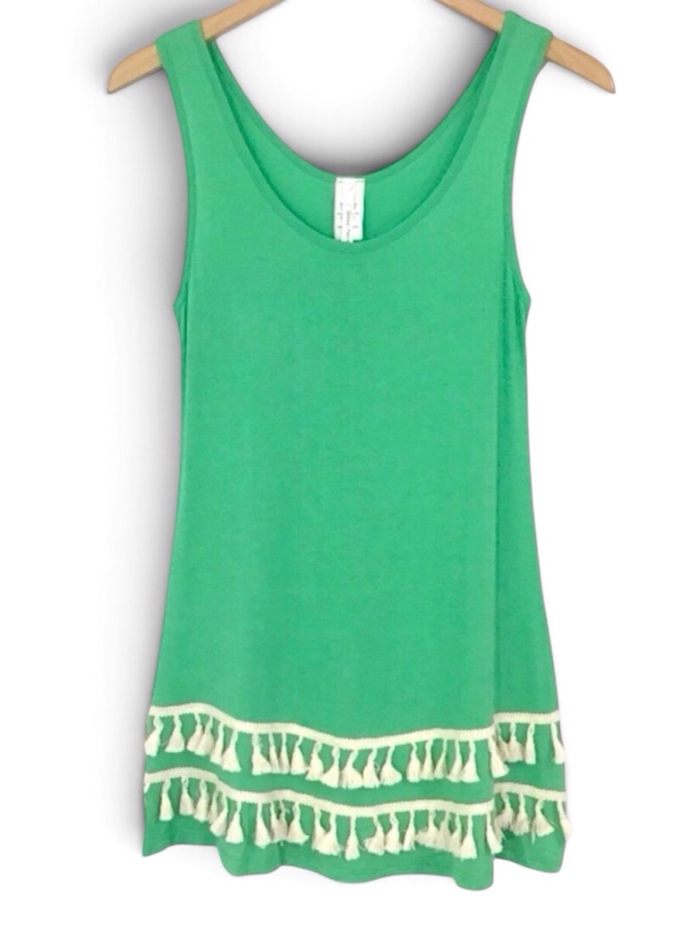 Green Mango Tassel Trim Tank Top Size L Scoop Neck Long Length Made In USA